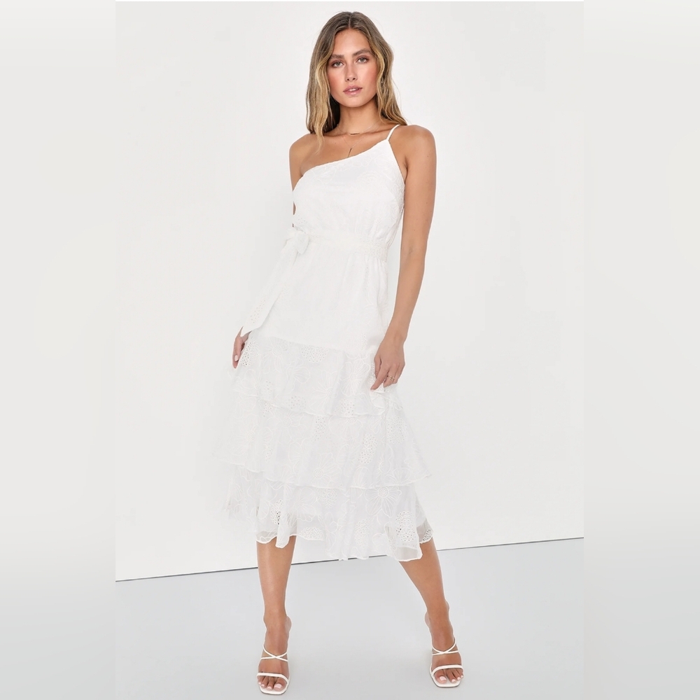 Lulus Gorgeous‎ Impression White Embroidered One-Shoulder Midi Dress Womens XS
